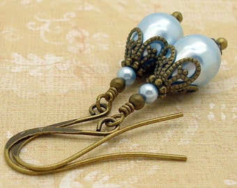 Blue Victorian Earrings with Swarovski Pearls in an Edwardian Style