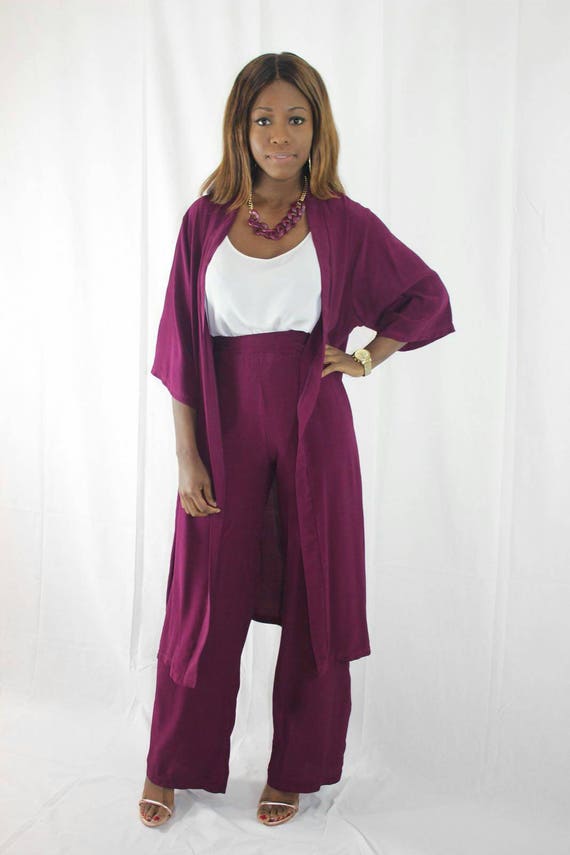 Betty Plum Wine Women's Kimono Trouser Pant Suit