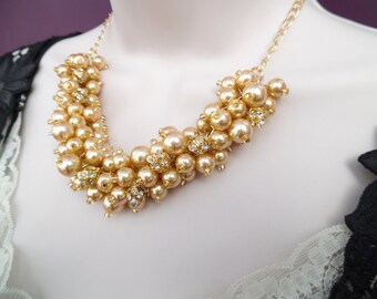 Gold Pearl Necklace with Rhinestones, Winter Wedding Jewelry, Bridesmaids Cluster Necklace, Christmas Chunky Necklace, Bridesmaids Gift