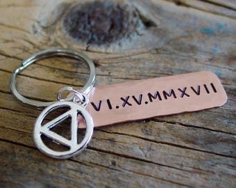 Sobriety Gift Copper Keychain Personalized Date In Roman Numerals 12 Step