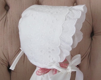 Large Vintage Style Eyelet Baby Bonnet, Christening Bonnet, Baptism Bonnet, Easter Bonnet, Sunbonnet, Baby Bonnet with Ruffle, Baby Hat