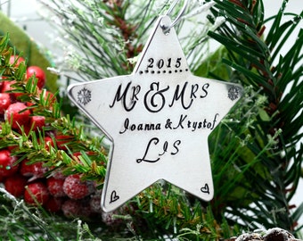 Personalized Husband & Wife Star Ornament, Handstamped Christmas Ornament, Personalized Couple's Ornament, Metal Christmas Decor