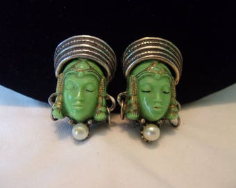 Selro Selini Green Asian Woman Face Thai Girl Princess Gold Plate Vintage Clip Earrings