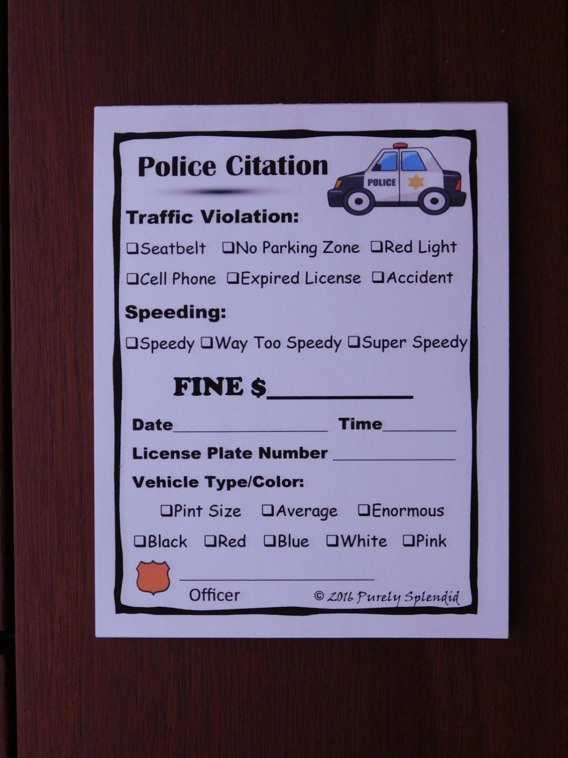 Fake Speeding Ticket form Police Pretend Play Props Traffic