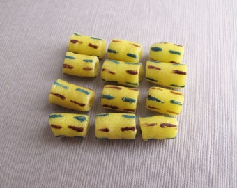 12pcs Yellow Handmade Tube Beads, African Tribal Recycled Krobo Glass Beads, Painted Fair Trade Beads, Ghana Beads 13x8mm - B-091AMCFS-17