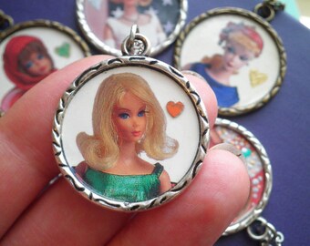 Vintage Barbie Necklace - Classic Barbie + Red Heart Pendant Jewelry Gift for Her - Iconic Barbie Cameo Upcycled Paper Retro Charm Necklace