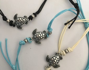 Sea turtle anklet, ankle bracelet with turtle charm, Adjustable Anklet Wax cord bracelet,