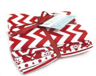 Fabric Bundle, Quilting Fabric, Fat Quarters, Chevron/Dots/Stripes, Craft Supplies, Waverly Fabric, Sewing Material, 5 Piece Red/White