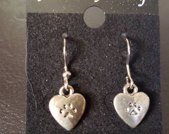 Silver heart paw print earrings
