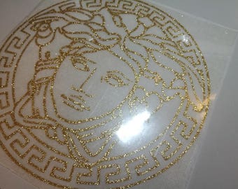 Versace iron on, medusa head logo glitter applique, gold glitter heat transfer patch, lv shirt or tank top designs, htv decals, rose gold