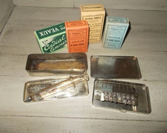 Vintage French Medical Items, Martin Canulette Kit, French Syringe, stainless steel boxes, Various Empty Medicine Boxes, great props, decor.