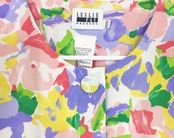 90s Pastel Floral Dress - Pleated Skirt - Buttons - "Leslie Faye"