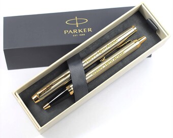 Personalised, Engraved Parker IM Brushed Metal & Gold Ballpoint and Rollerball Pen Set - Parker Pen Sets, Wedding Pens (1931670-1931663)