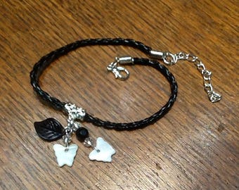 Black leather and Pearl Butterfly link bracelet
