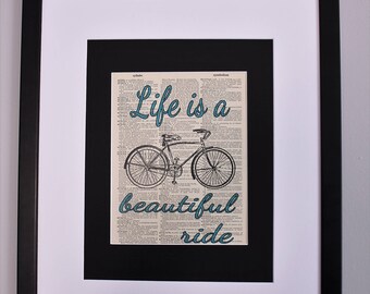 Life Is A Beautiful Ride Bicycle On Upcycled Vintage Dictionary Page Wall Décor, Inspirational Bicycle Print