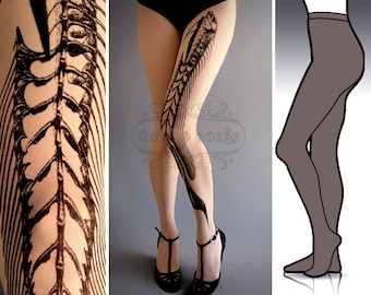 L/XL Fish Bone tattoo tights / stockings / full length / pantyhose / nylons Grey