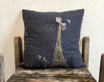 Night Sky Hand-painted Paris Pillow, Painted Pillow case, Navy Blue Pillow, Classic French Decor, Parisian Pillow,20x20,night sky pillow