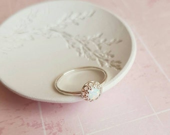 White opal ring, sterling silver ring, delicate ring, october birthstone ring, crown ring, gift for her, bridesmaid gift