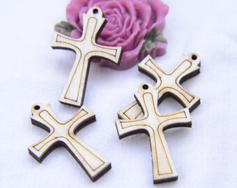 20 crosses, wooden cross drops, Unfinished Wooden Cross Charms, Stripe Carved wood cross pendants, jewelry cross 34x24mm