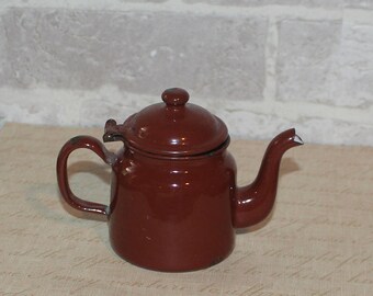 Small browm enamelware teapot, Rustic or Farmhouse decor, single serve teapot
