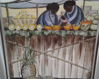 Vintage Oil on Canvas/ Signed Robert Wait/ Women/ Baby/ Market/ Fruits/Basket