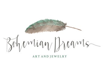 Watercolor Logo, Feather logo, custom logo, Bohemian logo, Gypsy logo