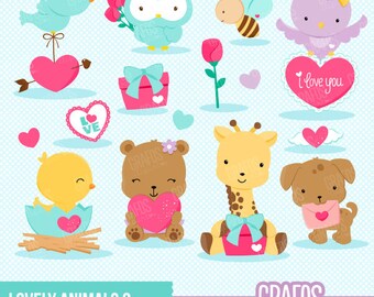 LOVELY ANIMALS 2 - Digital Clipart Set, Bear Clipart, Valentine Clipart, Bird Clipart, Owls Clipart.