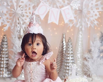 Winter ONEderland package, high chair banner, snowflake party hat, onederland theme, onederland decorations, winter onderland theme, gold