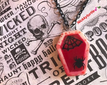 Coffin Double Sided blood splatter Resin Shaker Glows in the dark necklace