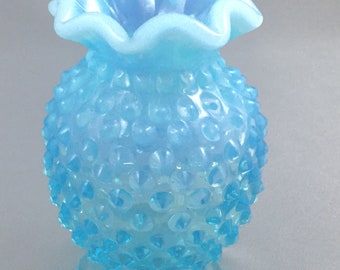 Fenton Blue Opalescent Hobnail Glass Small Ruffled Vase