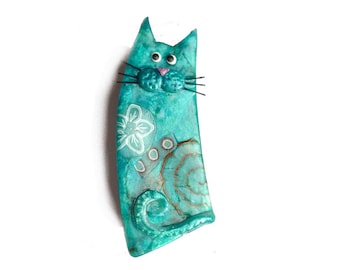 Cat pin, blue cat BROOCH Aqua blue named SYLVIO, lagoon blue cat with whiskers, gift for cat lovers, animal brooch, polymer clay cat jewelry