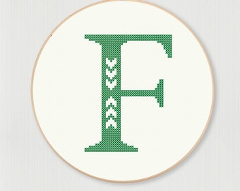 Cross stitch letter F pattern with chevron accent, instant digital download