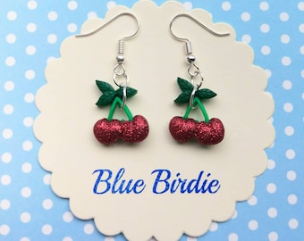 Cherry dangle earrings cherry jewellery cherry jewelry glitter cherry earrings fruit jewellery summer earrings rockabilly cherry gifts