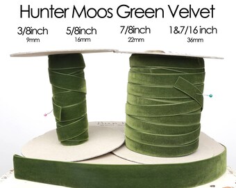 Hunter Moss (moos) Green Nylvalour Swiss Velvet Ribbon - 3/8inch, 5/8inch, 7/8inch, 1&7/16inch brunswick green, moss green velvet, (549)