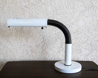 Vintage Modernist Table Lamp with Goose Neck Arm in White and Black. Circa 1960's - 1970's.