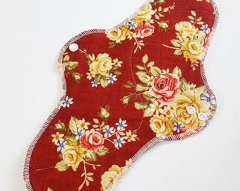 Mama Cloth Pad With Wings - 14 inches Postpartum Heavy Flow - Dark Burgundy with Roses FREE SHIPPING