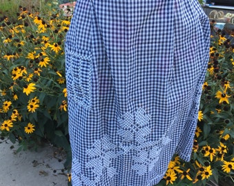 Vintage Navy Blue and White Gingham Check Half Apron with White Chicken Scratch Embroidery