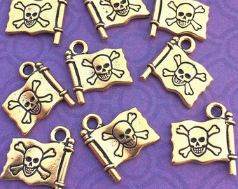 1 Pirate Flag Charm, Antique Gold Tone, TierraCast Jolly Roger with Skull and Crossbones, About 16mm x 14mm