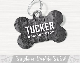 Personalized Pet Tag Rustic Pet ID Tag, Large Dog Tag, Faux Gray Wood Pet Tag for Dog Tag, Custom Pet Tag Dog ID Tag Boy Bone Shaped Pet Tag