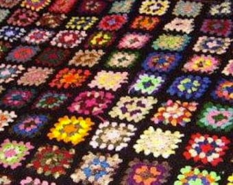 Vintage Style Black Trim Granny Square Afghan Roseanne Couch Blanket