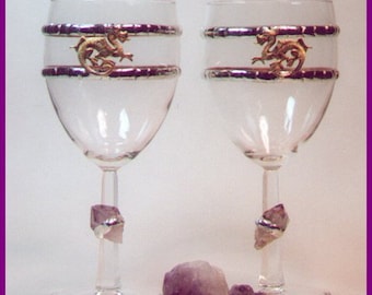 Dragon and Amethyst Crystal Chalice Single / Medieval Renaissance Fantasy Handfasting Wedding Toasting Wine Goblet / Wicca Pagan Ritual Cup