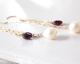 Gold Filled Long Cascading Garnet and Freshwater Pearl Earrings. Long Earrings, Garnet Gemstone