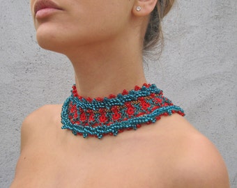 Jewelry / Necklaces Beadwork Beaded Crochet Necklace red ... green...gold