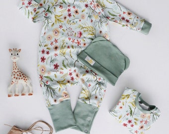 Flower mint organic cotton baby girl romper
