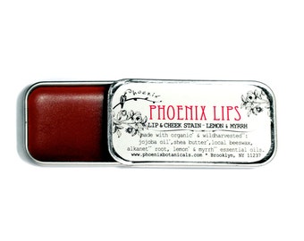 Phoenix Lips - Organic Lip Tint & Blush- Ruby Shade - Lemon Myrrh OR Rose - .25 oz tin