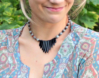 Wear Your Tears Proudly- Corn Bead- Job's Tears- Choker with Black Magnesite Spear Fan and Agate Gemstones