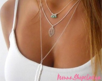 Long Leaf 3 Layer Chain Pendant Simple Necklace