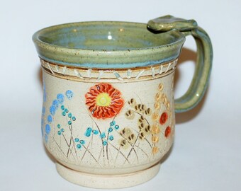 Pottery Mug Handmade Stoneware Coffee Tea Cup Flowers In The Meadow