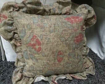 Authentic original Ralph Lauren natural linen floral 16" pillow blues reds with feather insert