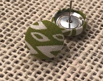 Green and white fabric button earrings!